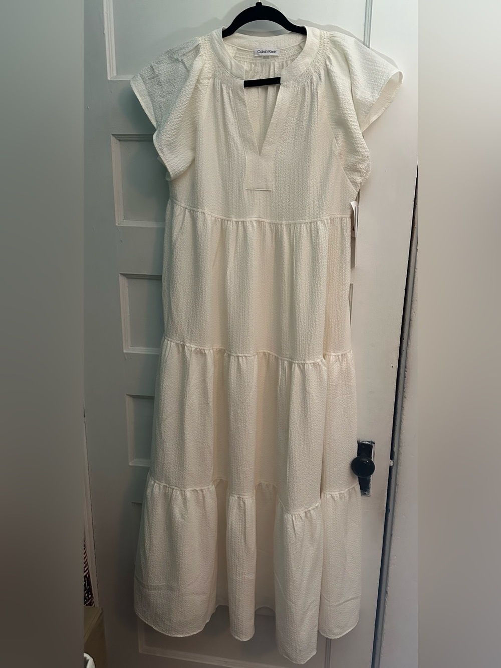 Calvin Klein Cream Tiered V-Neck Flutter Dress